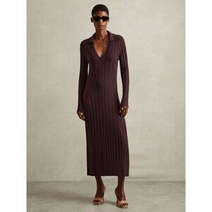 Reiss Winnie Knitted Polo Dress Wool Blend Burgundy L Office Siren Dark Academia